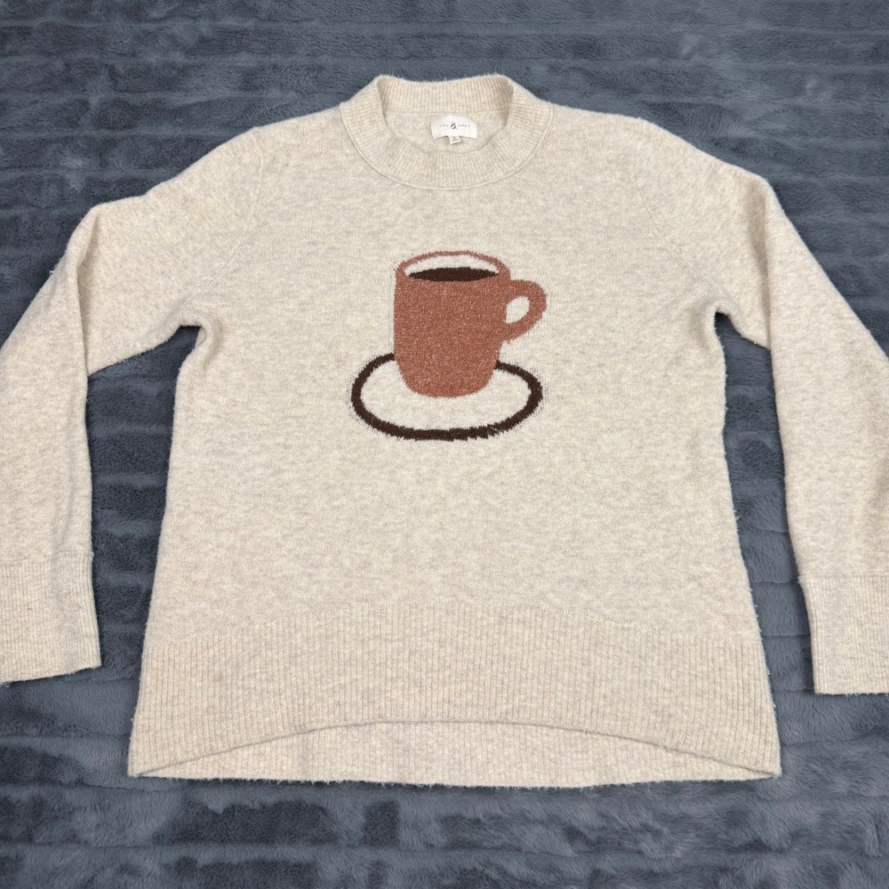 Lou & Grey Women Oatmeal Coffee Cup Graphic Crew Neck Sweater Small 14528